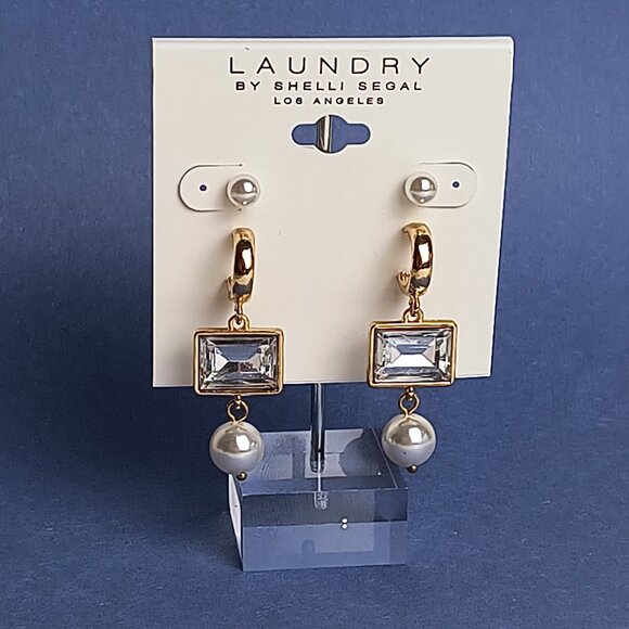 Duo Drop Dangle Square Faux Pearl Push Back Hoop Earrings Gold Tone White-Clear - Picture 1 of 4
